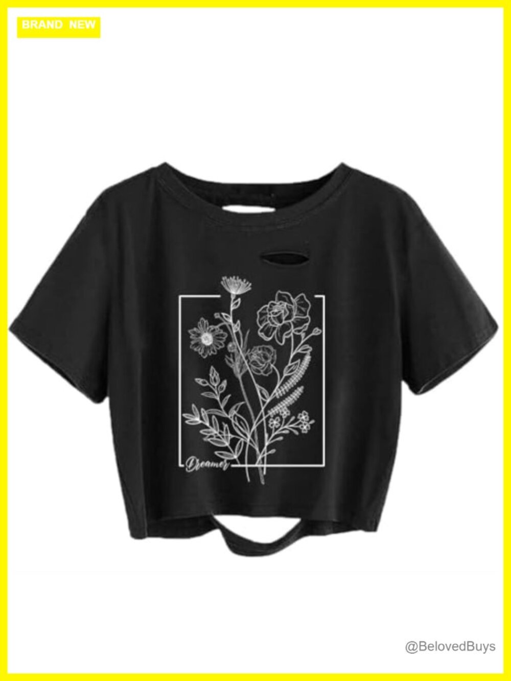 Women Mushroom Graphic Crop Top Distressed Ripped Short Sleeve Tee